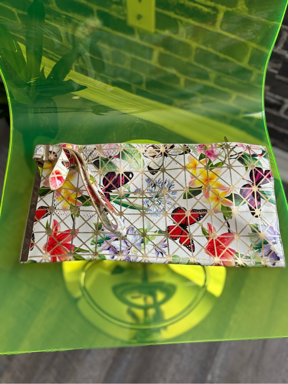 Floral Butterfly Wristlet Clutch - White Multicolor Gold Accents